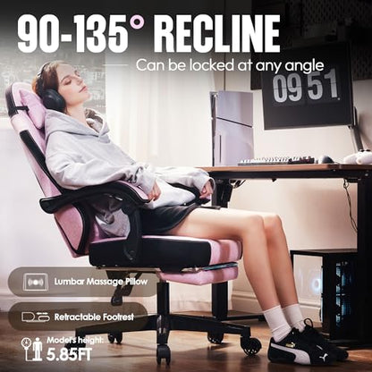 Dowinx Gaming Chair Fabric with Pocket Spring Cushion, High Back Ergonomic Computer Chair with Footrest for Adults, Massage Lumbar Support Swivel Game Chair for Office Gaming 300LBS, Pink - color: Pink
