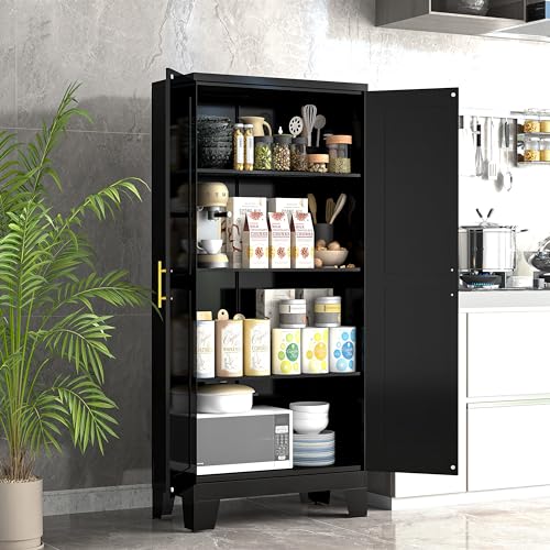 GAIOUS 61.02" Kitchen Pantry Cabinet, Pantry Storage Cabinet with 2 Doors and Adjustable Shelves, Black Food Storage for Kitchen, Living Room, Bedroom and Dining Room (Black) Metal Sideboard - color: Black, size: 13.78"D x 27.55"W x 61.02"H
