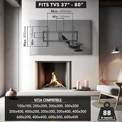 Mount-It! Pull Down TV Mount, Drop Down Wall Mount with Gas Spring Arm, Height-Adjustable TV Mount for 37-80 Inch TVs, Full Motion Swivel Tilt Bracket for Fireplace, Fits VESA 600x400, Up to 88 lbs