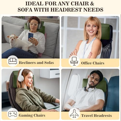 Recliner Headrest Pillow, Adjustable Comfort Neck & Head Support Pillow | Soft Velvet, Weighted Non-Slip Flap, Adjustable Filling, Washable Cover, for Recliners, Sofas, Office Chairs - color: Moss Green