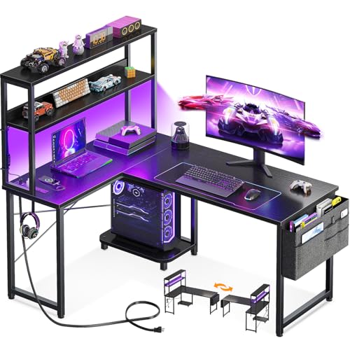 AODK L Shaped Desk Gaming Desk with LED Light & Power Outlet - color: Black, size: 43 Inch