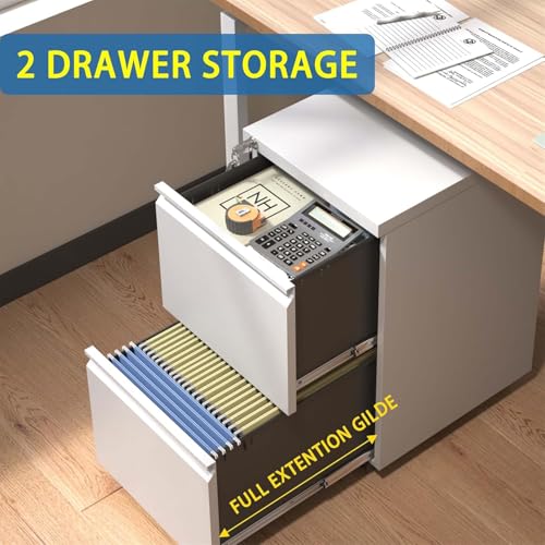 Guizeeopo 2 Drawer Locking File Cabinet, Fully Assembled Heavy-Duty Metal Filing Cabinets for Home Office, Quiet Slides, Anti-Tipping Wheels, Fits A4/Letter/Legal, Matte White - color: 03-b White