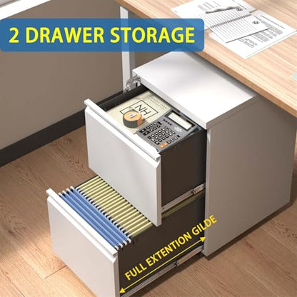 Guizeeopo 2 Drawer Locking File Cabinet, Fully Assembled Heavy-Duty Metal Filing Cabinets for Home Office, Quiet Slides, Anti-Tipping Wheels, Fits A4/Letter/Legal, Matte White - color: 03-b White