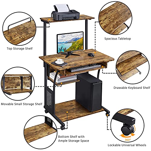 Yaheetech Small Rolling Computer Desk with Hutch and Shelves, Rustic Brown | Particle board and metal, with keyboard tray, hutch, and shelf for a monitor and tower in tight spaces, gliding on casters. - color: Rustic Brown