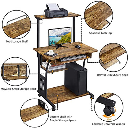 Yaheetech Small Rolling Computer Desk with Hutch and Shelves, Rustic Brown | Particle board and metal, with keyboard tray, hutch, and shelf for a monitor and tower in tight spaces, gliding on casters. - color: Rustic Brown