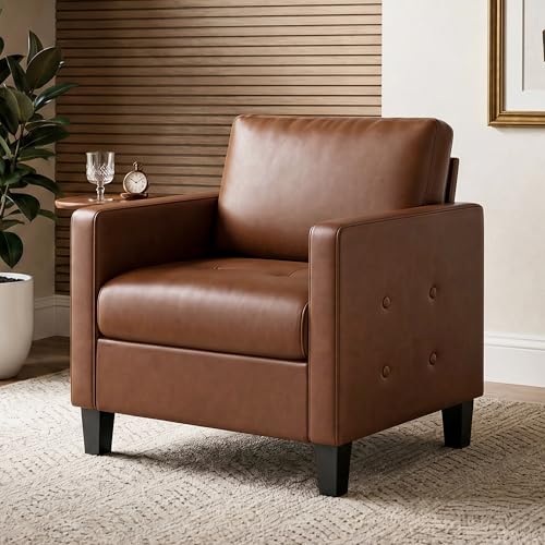 Brown Comfy Accent Chair, Faux Leather Living Room Chair | STHOUYN, Mid-Century Modern, Cozy, Office, Reading, Tufted Seat and Armrest, Reception Armchair, Bedroom, Waiting Room - color: Brown, size: 1