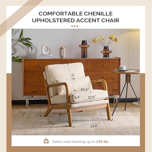 VINGLI Chenille Mid-Century Modern Accent Chair Set of 2, Cute Reading Arm Chair with Cushion & Lumbar Pillow & Solid Wood Frame for Lounge, Living Room, Reading Room, Bedroom,Cream - color: Cream