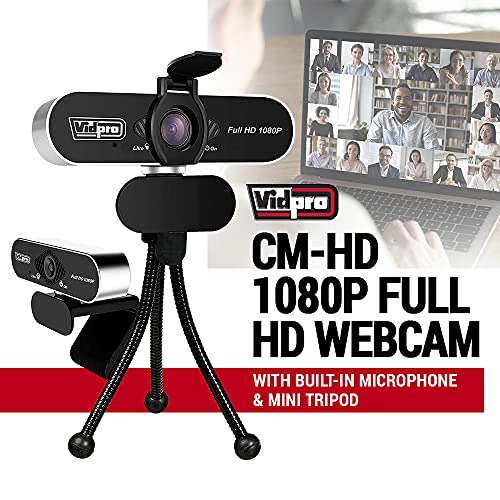 Vidpro CM-HD 1080P Full HD Webcam with Built-in Microphone and Mini Tripod - Plug and Play 85-Degree FOV USB Webcam with Noise Canceling Filter Perfect for Video Calls Meetings Live Streaming Gaming