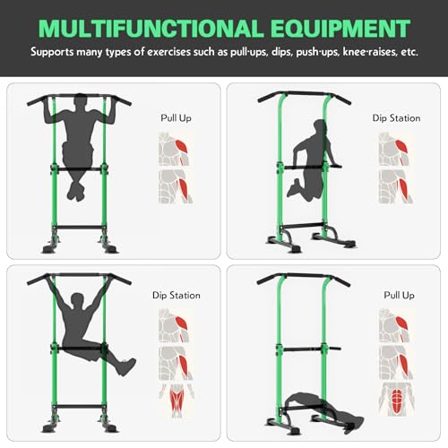 soges Power Tower Pull Up Bar Station, Free Standing Pull Up Rack Dip Station for Home Gym, Height Adjustable Home Strength Training Fitness Workout Equipment - color: Green