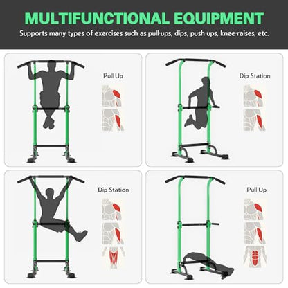 soges Power Tower Pull Up Bar Station, Free Standing Pull Up Rack Dip Station for Home Gym, Height Adjustable Home Strength Training Fitness Workout Equipment - color: Green