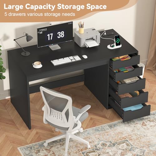 47 Inch Small Computer Desk with 5 Drawers and Outlets for Home Office - color: Black, size: 47inch-5drawers