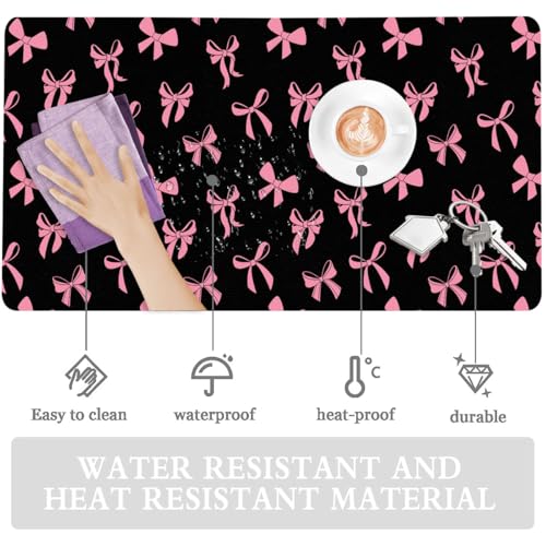 Cute Kawaii Pink Bow Black Extended Gaming Keyboard Mouse Pad | Non-slip Leather Home Office Desk Mat Protector - color: Pink Bow/Black, size: L(31.5×15.7 inch)