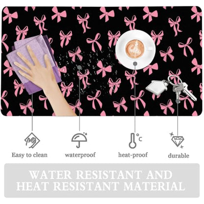 Cute Kawaii Pink Bow Black Extended Gaming Keyboard Mouse Pad | Non-slip Leather Home Office Desk Mat Protector - color: Pink Bow/Black, size: L(31.5×15.7 inch)