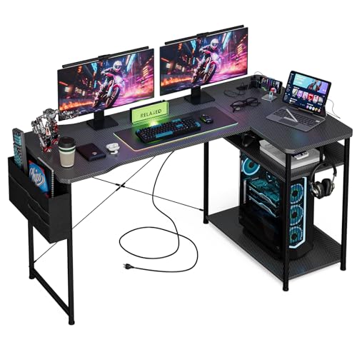 Acrolix L Shaped Gaming Desk 55 Inch - Computer Corner Desk with Power Outlets, Reversible Shelves & Storage Bag for Home Office, PC Gaming Table, Black Carbon - color: Black Carbon, size: 55inch-L shaped