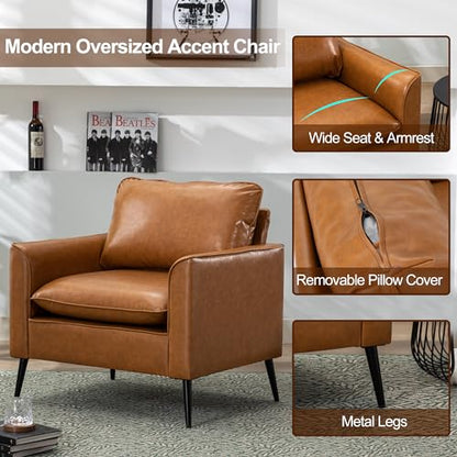 Okeysen Modern Leather Chairs, Oversized Arm Sofa, Mid-Century Accent Chair for Waiting Room and Bedroom Comfy, Upholstered Single Sofa Reading Chair - color: Brown, size: set of 1