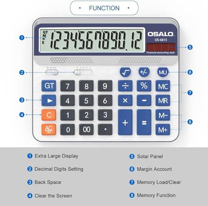 Desktop Calculator Extra Large 5-Inch LCD Display 12-Digit Big Number Accounting Calculator with Giant Response Button, Battery & Solar Powered, Perfect for Office Business Home Daily Use(OS-6815) | Calculators Desktop, Adding Machine for Office Accountin