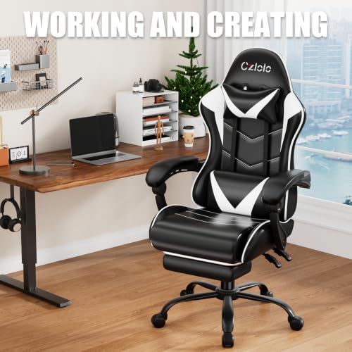 Czlolo Gaming Chair with Footrest Racing Style Lumbar Support Massager Video Game Chair with Metal Legs, High Back Reclining Gamer Chair with Headrest, 360° Swivel Office Computer Desk Chair (White) - color: White