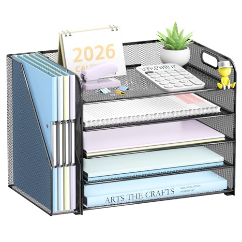 5-Tier Desk Organizer with File Holder, Paper Organizer for Desk, Black | 5 Letter Trays and Vertical File Holder with Metal Mesh Frame for Papers Folders Books and Mail in Office Home or School - color: Black