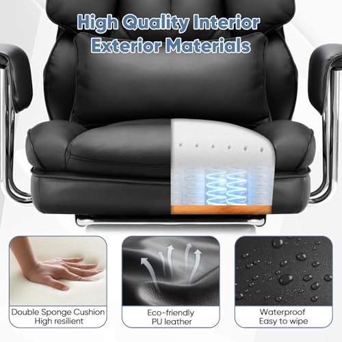 DUMOS Ergonomic Home Office Desk Chair, Executive Chair, PU Leather | Big Tall High Back, Lumbar Support, Reclining Height Adjustable, Computer Gaming, Footrest Swivel Wheels, Black - color: Black