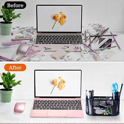 Black Mesh Pen Holder Desk Organizer Cute Office Supplies Pencil and Marker Organizers Oval Desk Caddy with 8 Compartments and 1 Drawer Workspace Accessories for Office School Home - style: Oval