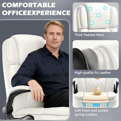 450 LBS Big and Tall Executive Office Chair with Flip up Arm, Heavy Duty Leather Computer Desk Chair,Comfortable High Back Swivel Home Office Chair with Rolling for Adults (White) - color: White