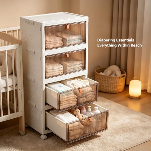 4-Tier Foldable Plastic Drawer Storage with Wheels,Stackable Storage Bins with Lid,Organization and Storage Boxes for Kitchen,Cloakroom,Closet,Living Room,Office and Dorm - size: 17.13''