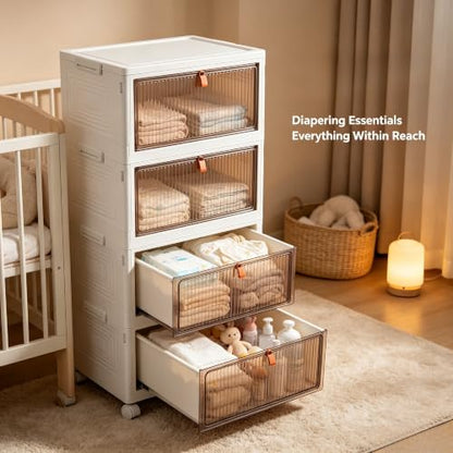 4-Tier Foldable Plastic Drawer Storage with Wheels,Stackable Storage Bins with Lid,Organization and Storage Boxes for Kitchen,Cloakroom,Closet,Living Room,Office and Dorm - size: 17.13''