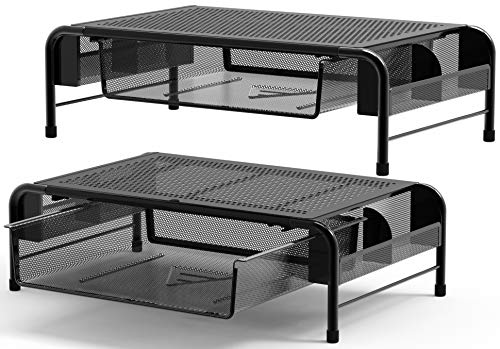 Simple Houseware Metal Desk Monitor Stand Riser w/ Drawer, 2-Pack, Black | Side Storage for Office Supplies
