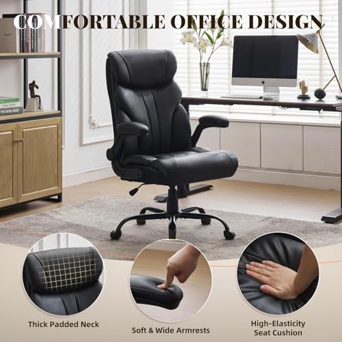 Office Chair 500 LBS, Heavy Duty Executive Leather Desk Chair with Adjustable Flip-Up Armrests, 100-118° Recline, Ergonomic Computer Chair for Heavy People Long Hours Work, Black - color: Black