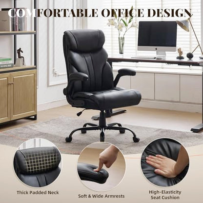 Office Chair 500 LBS, Heavy Duty Executive Leather Desk Chair with Adjustable Flip-Up Armrests, 100-118° Recline, Ergonomic Computer Chair for Heavy People Long Hours Work, Black - color: Black