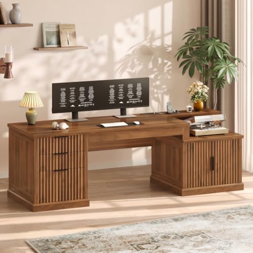 SEDETA 70.9" Executive Desk, Fluted Office Desk with Drawers, Fluted Brown - color: Fluted Brown, size: 70.9" Executive Desk