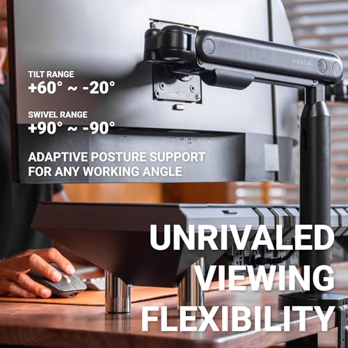 Hexcal Single Monitor Arm, Up to 35 inches Monitor Mount, 11 kg (24.2 lbs) with Built-in Cable Management and Free VESA 75x75mm or 100x100mm - Black