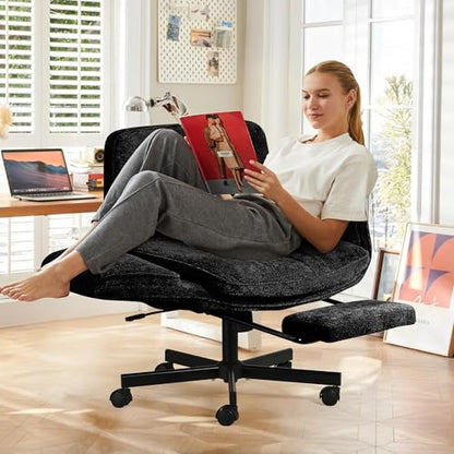 Criss Cross Chair with Footrest & 5 Level Folding Arms Full Relaxation, Wide Cross Legged Office Chair for Home Office, Comfy Swivel Desk Chair with Ottoman, Chenille Vanity Chair (Black) - color: Black, style: With Footrest