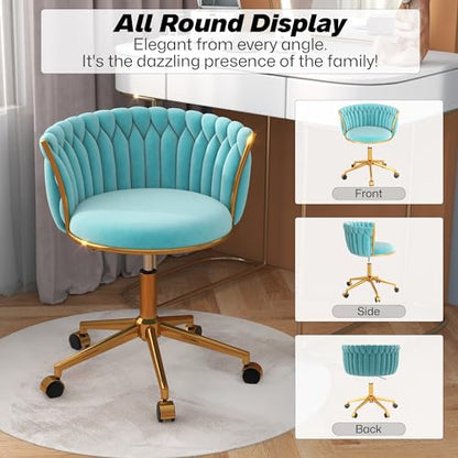HENGJIANYI Velvet Woven Home Swivel Vanity Desk Chair with Gold Base, Cyan | Modern Height Adjustable Office Chair with Metal Base and Hand Weaving Back Wheels for Bedroom Study Small Space girl women - color: Cyan