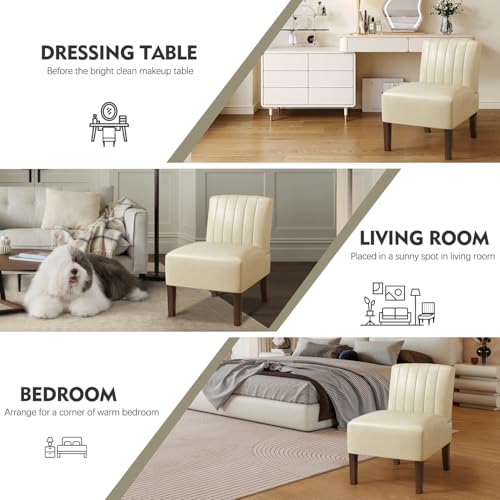Armless Accent Chairs Set of 2 Upholstered Dining Chairs Living Room Chairs with Solid Wood Legs Bedroom Chair Leather Reading Chair Comfy Chair for Bedroom Vanity Kitchen (Beige) - color: Leather-beige