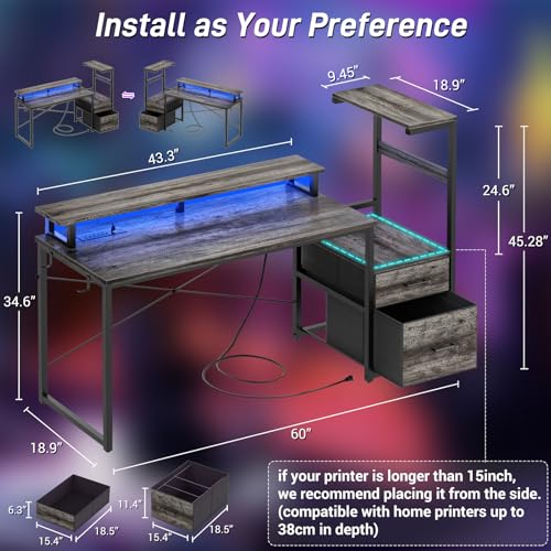 Aheaplus Gaming Desk with LED Strip & Power Outlet, 59Inch Reversible Computer Desk with Monitor Stand & Storage Shelves, Home Office Desks with Fabric File Drawer, Gamer Table PC Desk, Black Oak - color: Black Oak