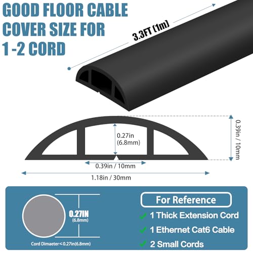 Floor Cord Covers for Wires 3.3FT Cable Hider Wire Cover Self Adhesive Cord Hider Floor for Offices, Homes, Workshops, Warehouses Cable Cavity 0.39" W x 0.27" H - color: Black, size: 1.18" x 3.3'