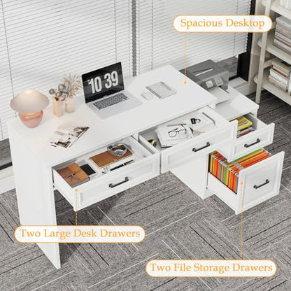 Vabches 61" Farmhouse Computer Desk with Storage and File Drawer, White | Executive Desks with Printer Stand, Rustic Large Home Writing Desk for Home Office - color: White