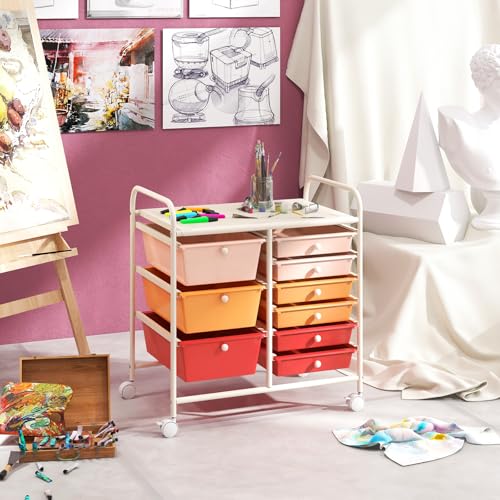 RELAX4LIFE 9 Drawer Rolling Storage Cart - Mobile Drawer Carts for Craft Art Supply Paper Salon, Utility Cart on Wheels for Classroom Teacher School Office, Rolling Cart with Drawers (Macaron) - color: Macaron, style: 9 Drawers