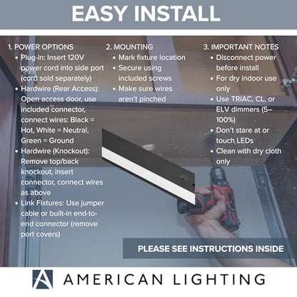 American Lighting LED Courant Plus Undercabinet Light 24 Inch 5CCT 90+ CRI 1200 Lumens with USB-A USB-C and 20A Receptacles Black Finish Title 24 Compliant