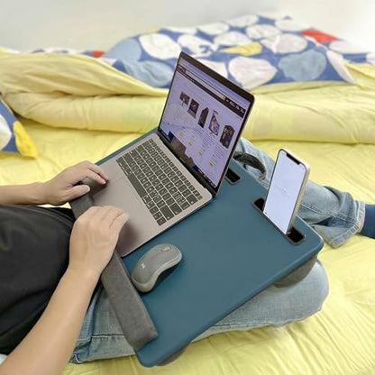 Lap Desk Home Office Lap Desk Portable Laptop Desk for Left Right - Handers with Whole Mouse Pad Wrist Pad Dual Cushion Phone Tablet Slots Fits Up to 17 Inch Laptops - color: Light Blue