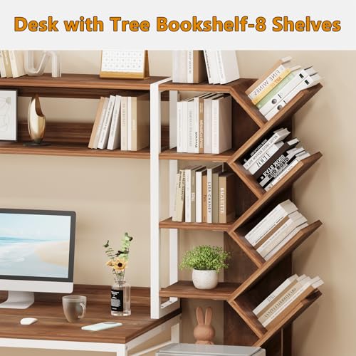 YOMILUVE 52" Computer Desk with Bookshelf, 3 Drawers ＆ Hutch for Bedroom | Office Desk with Printer Shelf, Study Writing Desk with Storage Shelves, Brown and White - color: Brown and White