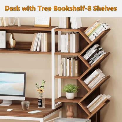 YOMILUVE 52" Computer Desk with Bookshelf, 3 Drawers ＆ Hutch for Bedroom | Office Desk with Printer Shelf, Study Writing Desk with Storage Shelves, Brown and White - color: Brown and White