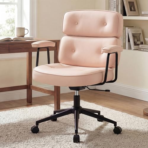 Ergonomic Leather Office Chair, High Back Executive Desk Chair | Comfy Lumbar Support, Padded Arms, Adjustable Height, 360° Swivel Rolling Computer Chairs for Home Office, Pink - color: Pink