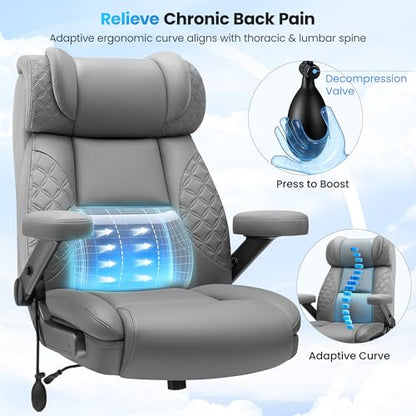 Big and Tall Office Chair for Heavy People, 500LBS Wide Seat Computer Desk Chair, Extra Large Executive Gaming Chair with Adjustable Lumbar Support and 5D Flip Arms, Comfy Heavy Duty Office Chair - color: Grey