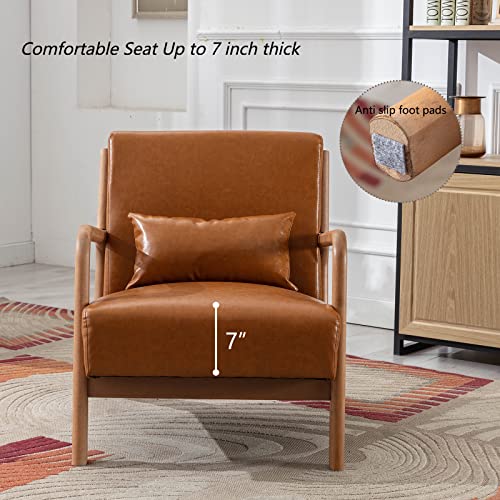 INZOY Mid Century Modern Accent Chair with Wood Frame, PU Leather Reading Armchair with Waist Cushion, Upholstered Living Room Chairs for Bedroom Sunroom (Camel) - color: A-camel