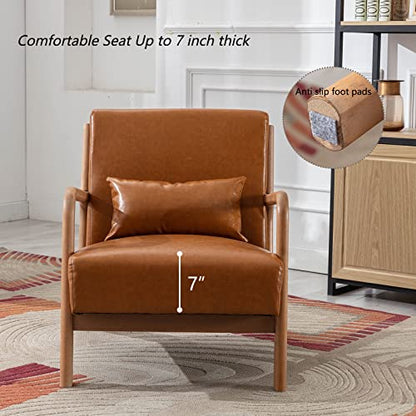 INZOY Mid Century Modern Accent Chair with Wood Frame, PU Leather Reading Armchair with Waist Cushion, Upholstered Living Room Chairs for Bedroom Sunroom (Camel) - color: A-camel