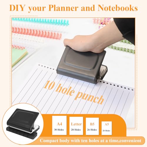10 Hole Punch Binding Machine for Planners with 10 Multi-Color Binder Rings | 30 Holes on A4, 20 Holes on A5, 26 Holes on B5, 10 Sheet Capacity (Black) - color: Black