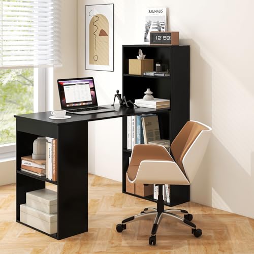 Tangkula Computer Desk with Bookshelf, Writing Study Desk with Storage Shelves & CPU Stand, Modern Compact Computer Workstation for Home & Office, Space-Saving Design (Black) | Bookcase Desk w/Bookshelf Storage Shelves & CPU Stand, Space-Saving Design Mod