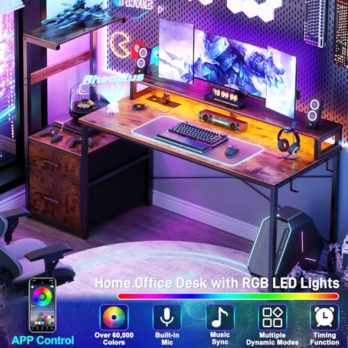 Aheaplus Gaming Desk with LED Strip & Power Outlet, 59Inch Reversible Computer Desk with Monitor Stand & Storage Shelves, Home Office Desks with Fabric File Drawer, Gamer Table PC Desk, Rustic Brown - color: Rustic Brown